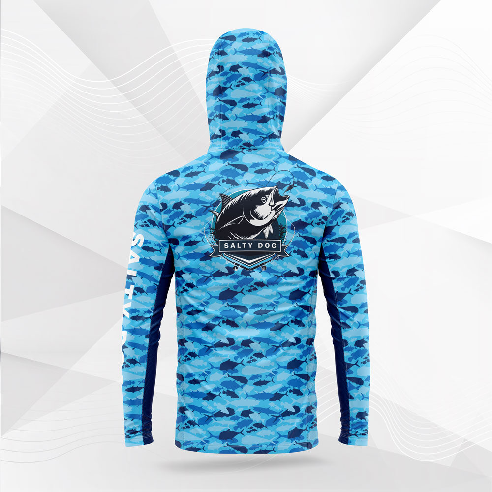 Custom Blue Fish Camo Fishing Shirt – Neck Gaiter & Hoodie – Salty